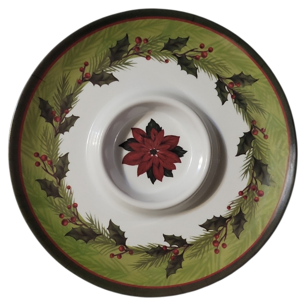 Vtg 12" Plastic Melamine Ware Christmas Chip Dip Tray Platter Santa Candy Wreath